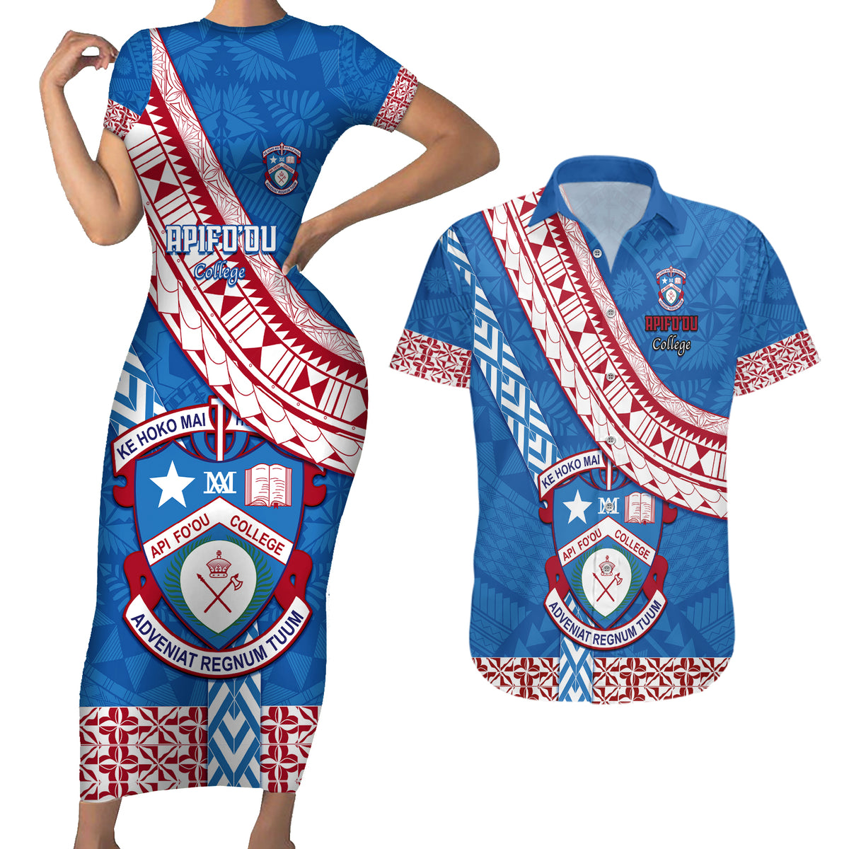 Custom Apifoou College Couples Matching Short Sleeve Bodycon Dress and Hawaiian Shirt Tongan Kupesi Pattern LT05 Blue - Polynesian Pride