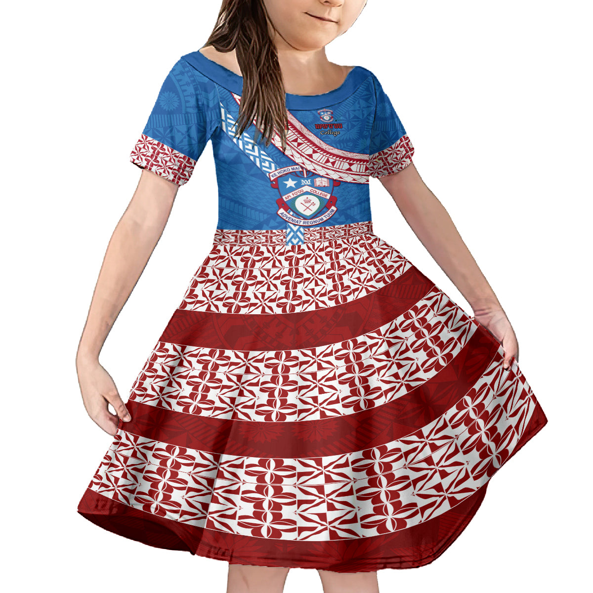 Custom Apifoou College Kid Short Sleeve Dress Tongan Kupesi Pattern LT05 KID Blue - Polynesian Pride