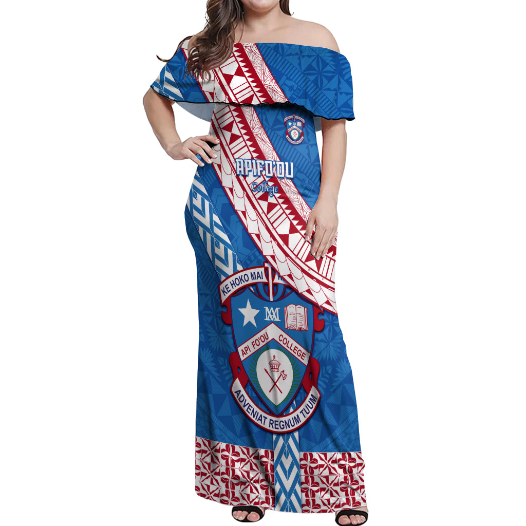 Custom Apifoou College Off Shoulder Maxi Dress Tongan Kupesi Pattern LT05 Women Blue - Polynesian Pride