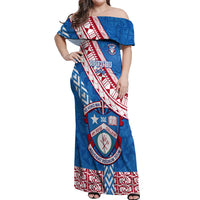 Custom Apifoou College Off Shoulder Maxi Dress Tongan Kupesi Pattern LT05 Women Blue - Polynesian Pride