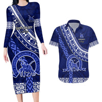Custom Queen Salote College Couples Matching Long Sleeve Bodycon Dress and Hawaiian Shirt Tongan Kupesi Pattern LT05 Blue - Polynesian Pride