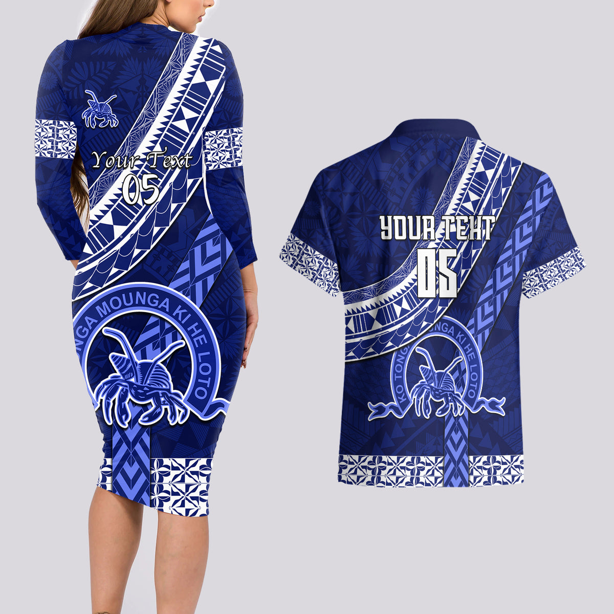 Custom Queen Salote College Couples Matching Long Sleeve Bodycon Dress and Hawaiian Shirt Tongan Kupesi Pattern LT05 - Polynesian Pride