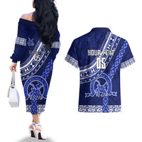 Custom Queen Salote College Couples Matching Off The Shoulder Long Sleeve Dress and Hawaiian Shirt Tongan Kupesi Pattern LT05 - Polynesian Pride