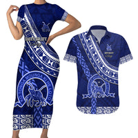Custom Queen Salote College Couples Matching Short Sleeve Bodycon Dress and Hawaiian Shirt Tongan Kupesi Pattern LT05 Blue - Polynesian Pride
