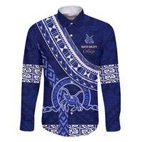 Custom Queen Salote College Family Matching Mermaid Dress and Hawaiian Shirt Tongan Kupesi Pattern LT05 Dad's Shirt - Long Sleeve Blue - Polynesian Pride