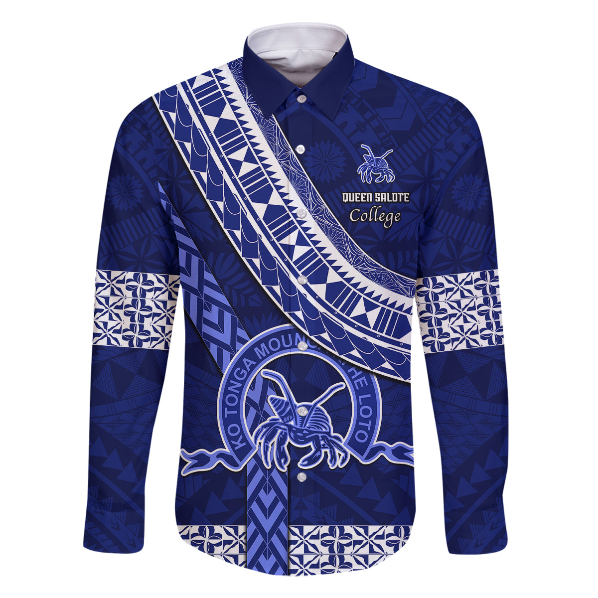Custom Queen Salote College Family Matching Off Shoulder Long Sleeve Dress and Hawaiian Shirt Tongan Kupesi Pattern LT05 Dad's Shirt - Long Sleeve Blue - Polynesian Pride