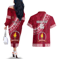 Custom Beulah College Couples Matching Off The Shoulder Long Sleeve Dress and Hawaiian Shirt Tongan Kupesi Pattern LT05 - Polynesian Pride