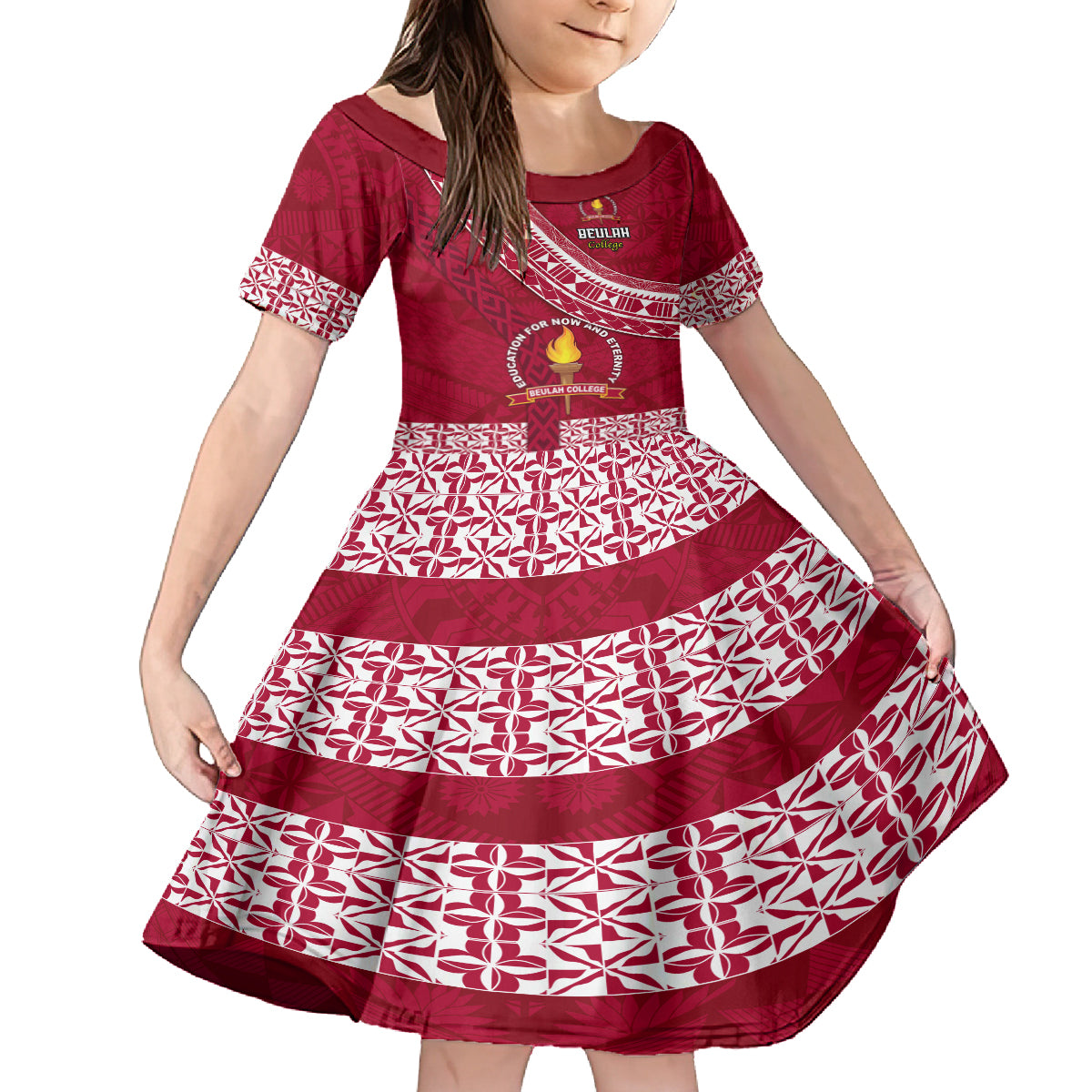 Custom Beulah College Kid Short Sleeve Dress Tongan Kupesi Pattern LT05 KID Red - Polynesian Pride