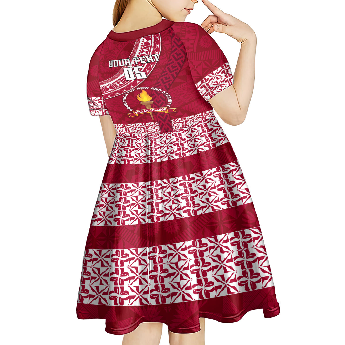 Custom Beulah College Kid Short Sleeve Dress Tongan Kupesi Pattern LT05 - Polynesian Pride