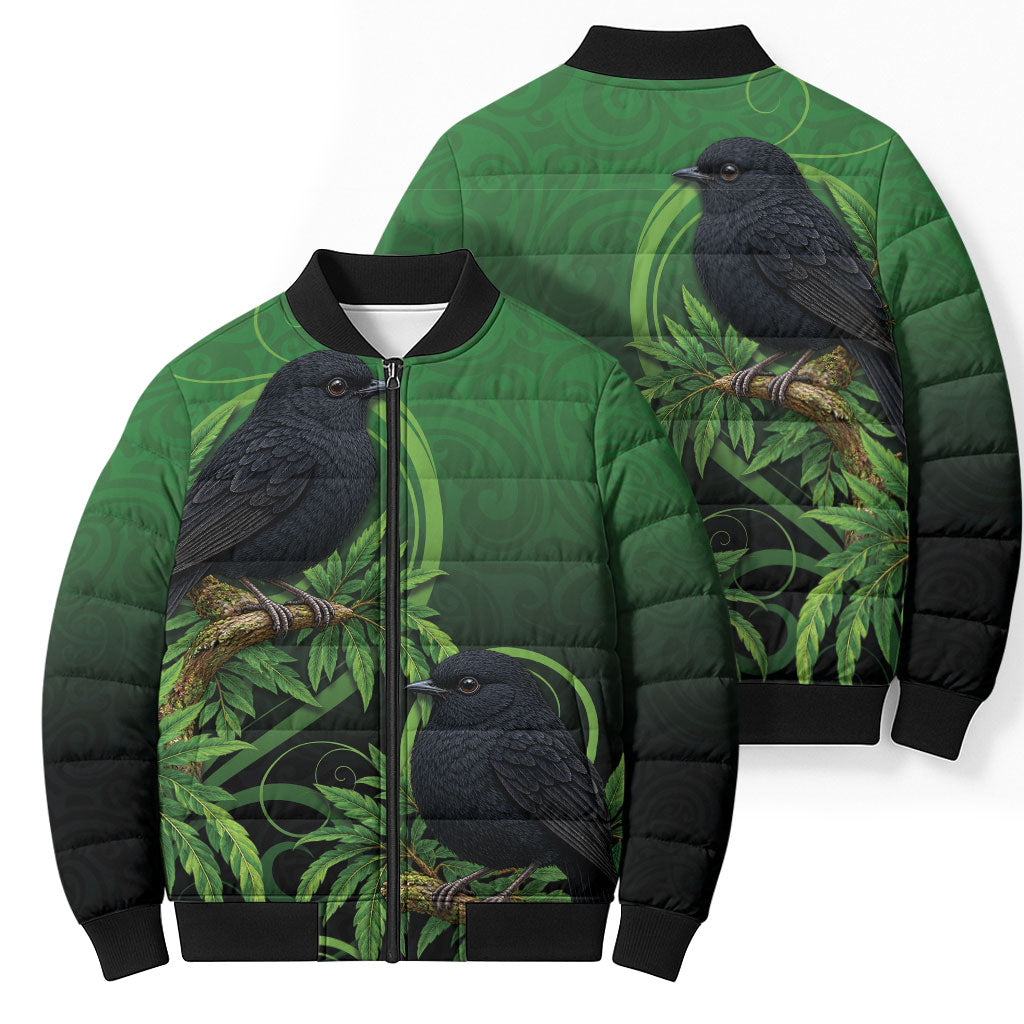 New Zealand Black Robin Bomber Puffer Jacket Karure Maori Koru Art Tattoo LT05 - Polynesian Pride