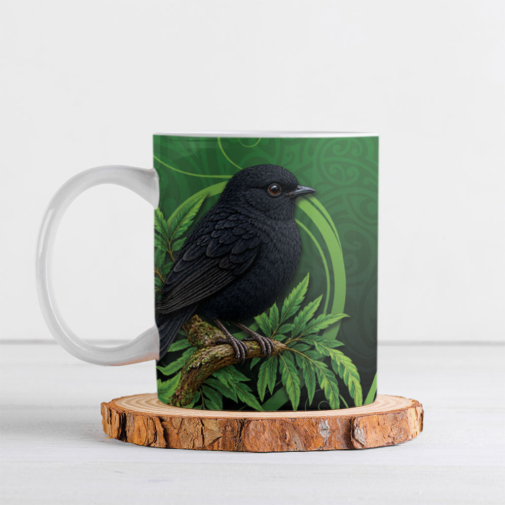 New Zealand Black Robin Ceramic Mug Karure Maori Koru Art Tattoo LT05 Green - Polynesian Pride