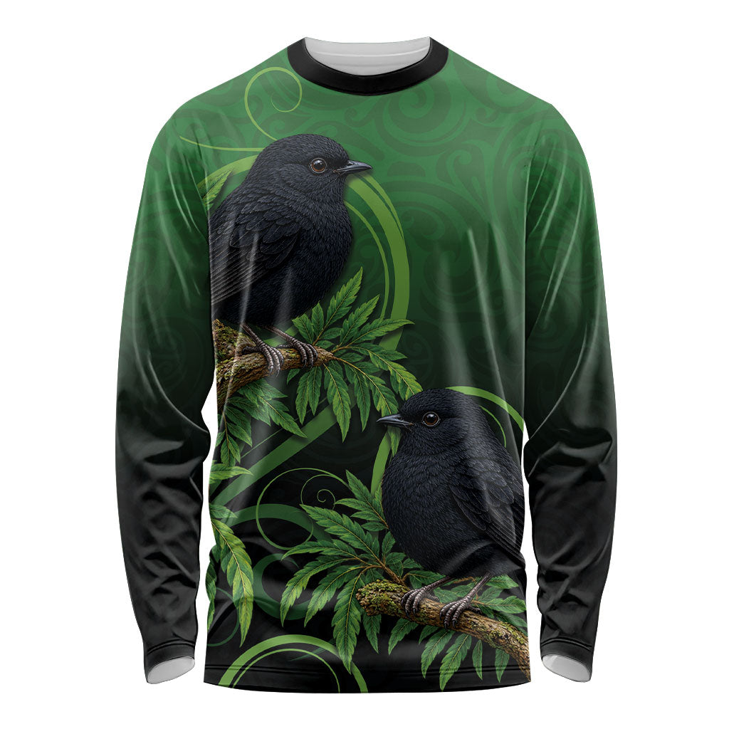 New Zealand Black Robin Long Sleeve Shirt Karure Maori Koru Art Tattoo LT05 Unisex Green - Polynesian Pride