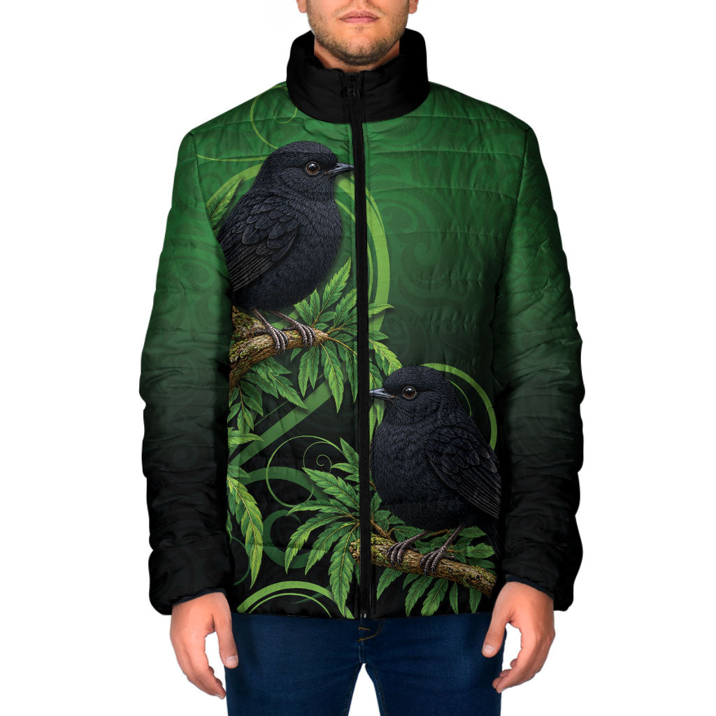 New Zealand Black Robin Padded Jacket Karure Maori Koru Art Tattoo LT05 Men Green - Polynesian Pride