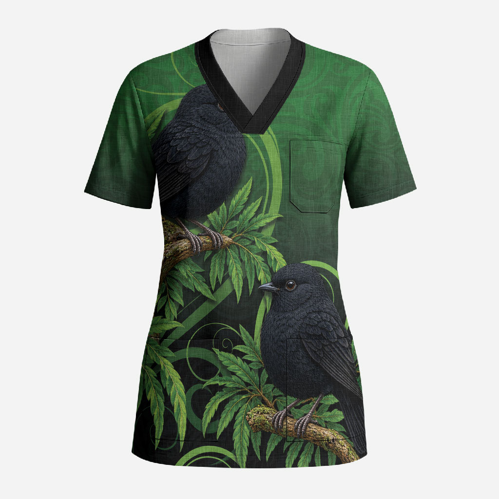 New Zealand Black Robin Scrub Top Karure Maori Koru Art Tattoo LT05 Adult Green - Polynesian Pride