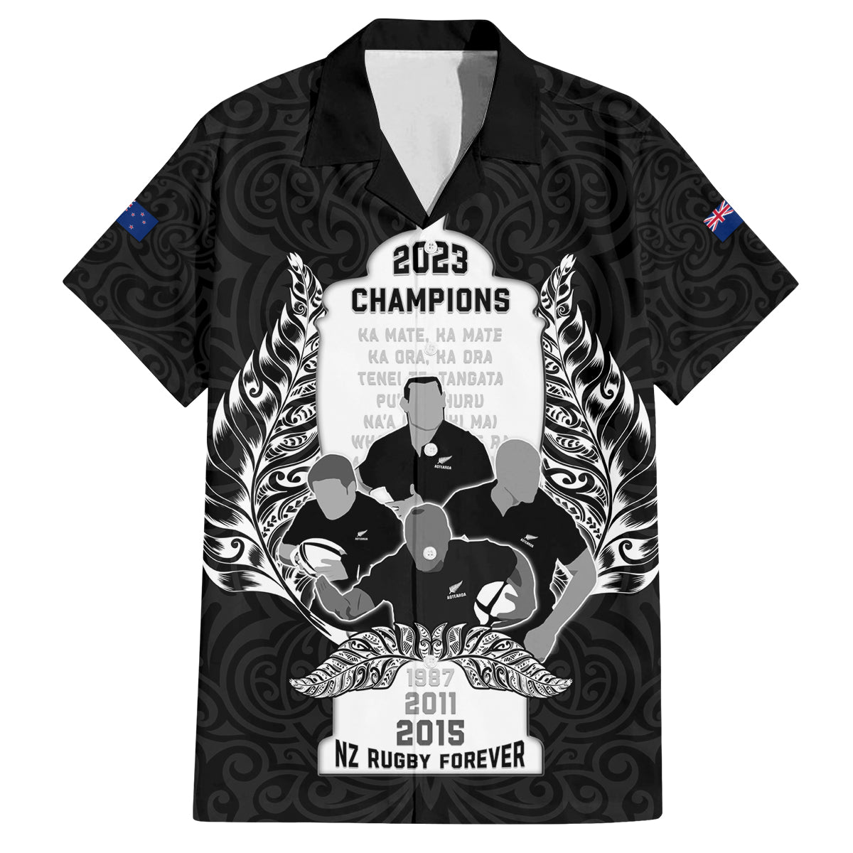 Custom New Zealand Rugby Family Matching Off Shoulder Long Sleeve Dress and Hawaiian Shirt The Haka With Champions Cup LT05 Dad's Shirt - Short Sleeve Black - Polynesian Pride