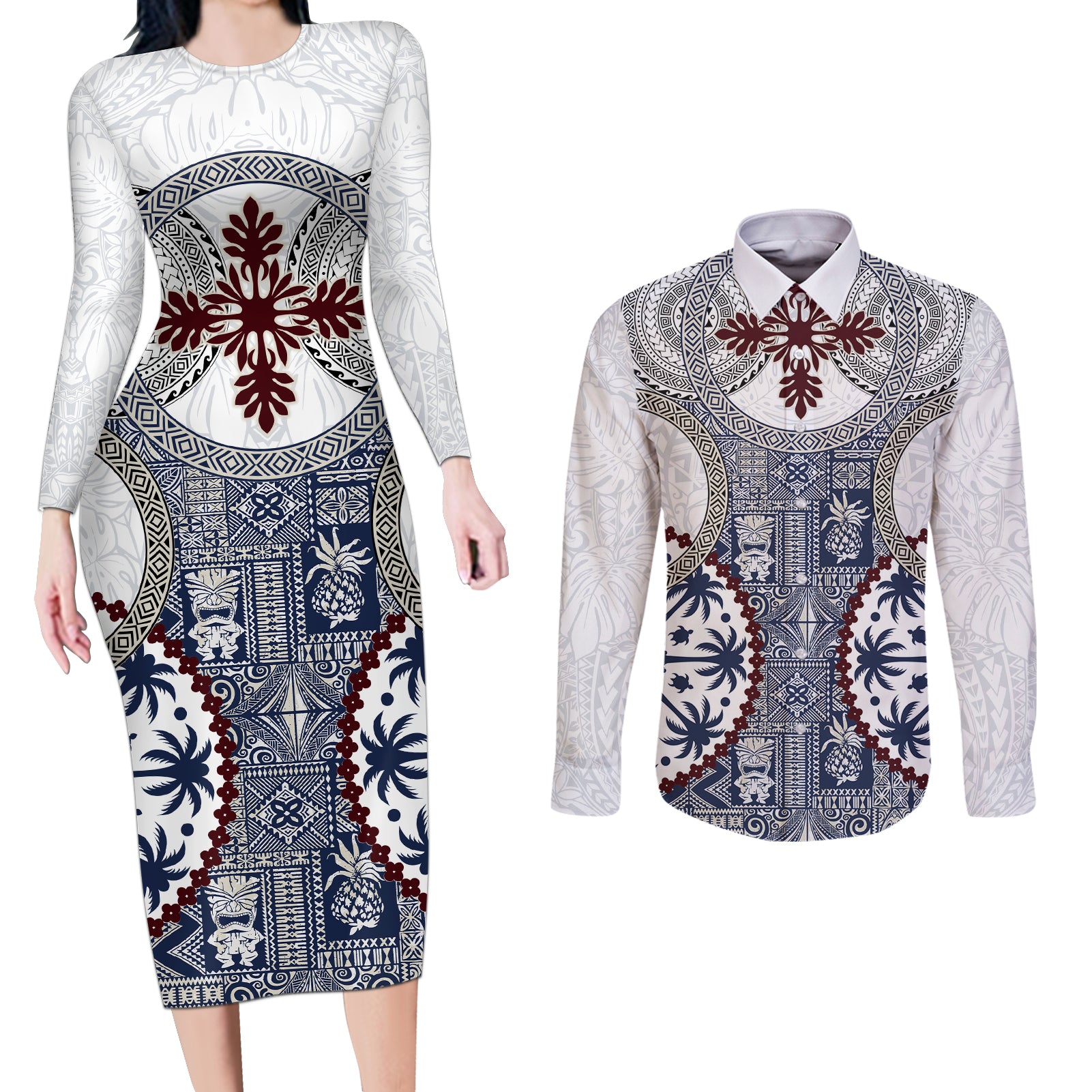 Hawaii Couples Matching Long Sleeve Bodycon Dress and Long Sleeve Button Shirt Barkcloth Pattern Vintage Style LT05 Blue - Polynesian Pride