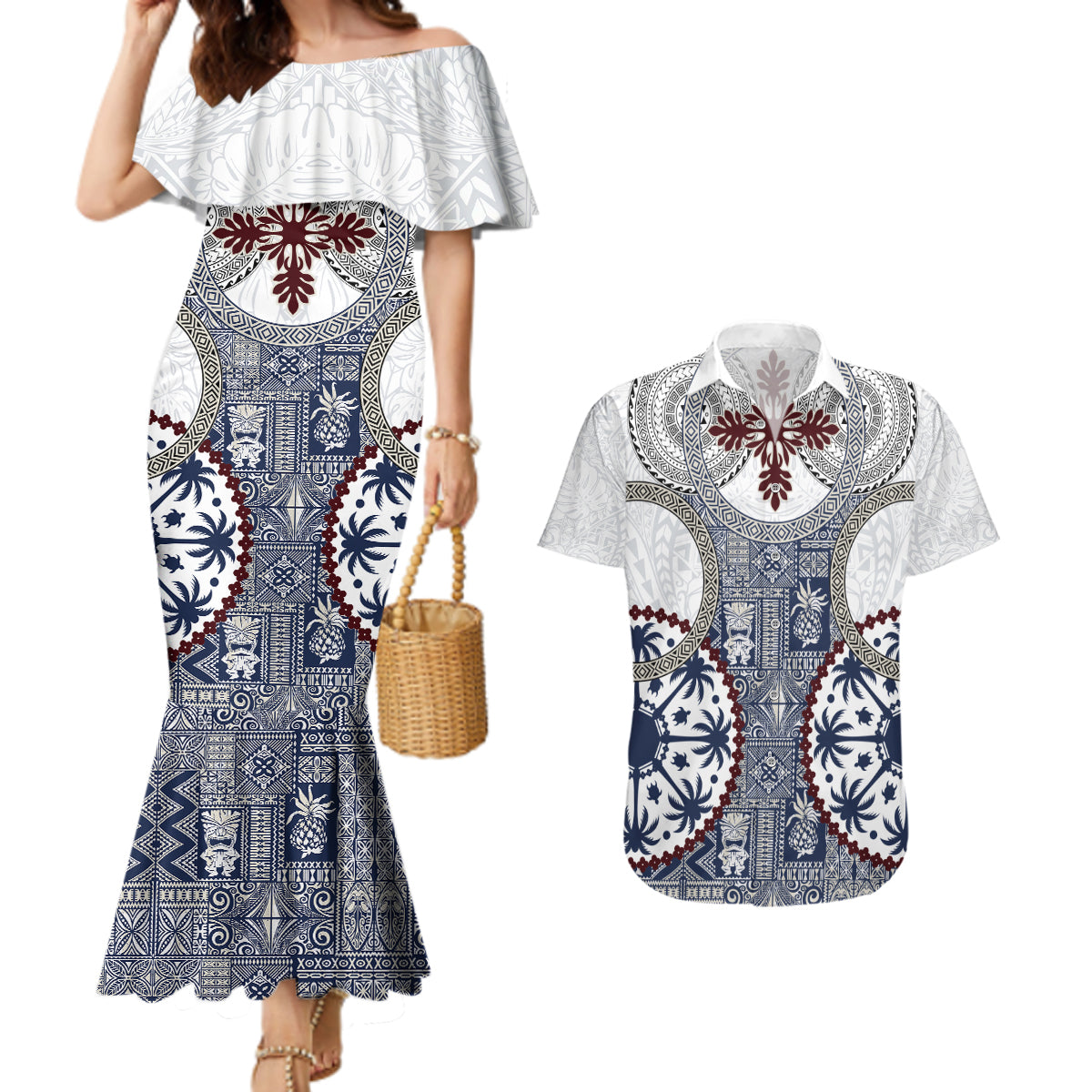 Hawaii Couples Matching Mermaid Dress and Hawaiian Shirt Barkcloth Pattern Vintage Style LT05 Blue - Polynesian Pride