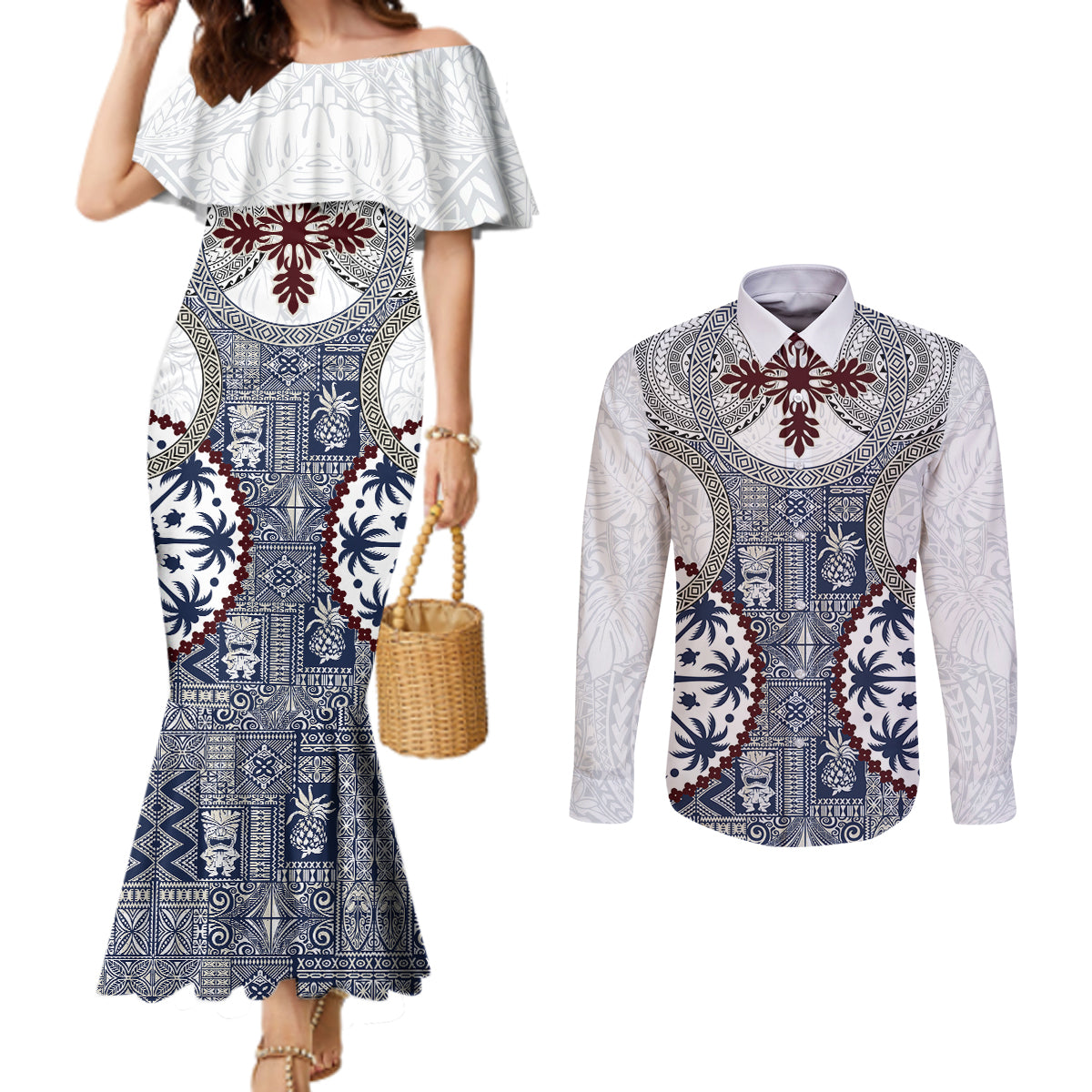 Hawaii Couples Matching Mermaid Dress and Long Sleeve Button Shirt Barkcloth Pattern Vintage Style LT05 Blue - Polynesian Pride