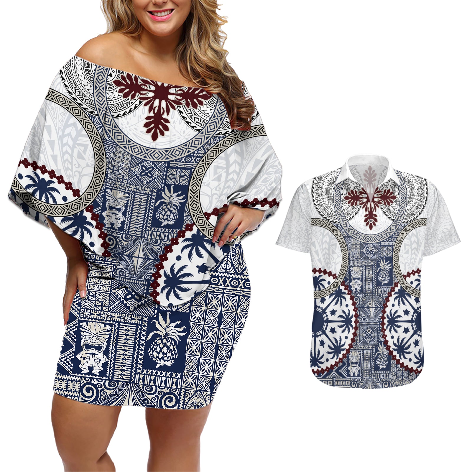 Hawaii Couples Matching Off Shoulder Short Dress and Hawaiian Shirt Barkcloth Pattern Vintage Style LT05 Blue - Polynesian Pride
