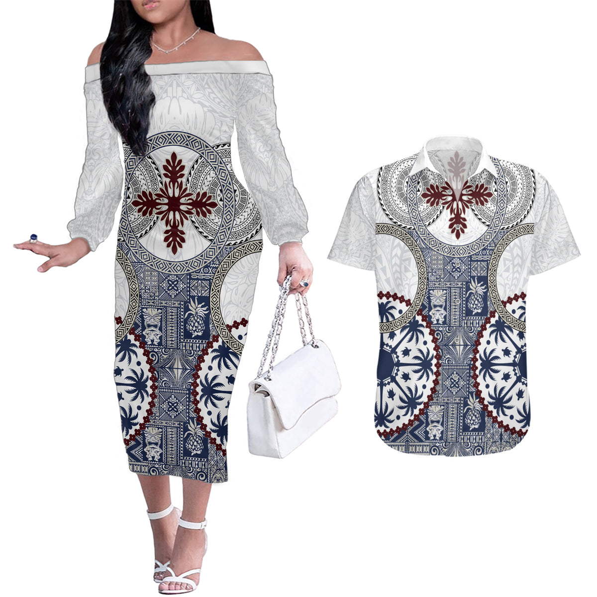 Hawaii Couples Matching Off The Shoulder Long Sleeve Dress and Hawaiian Shirt Barkcloth Pattern Vintage Style LT05 Blue - Polynesian Pride