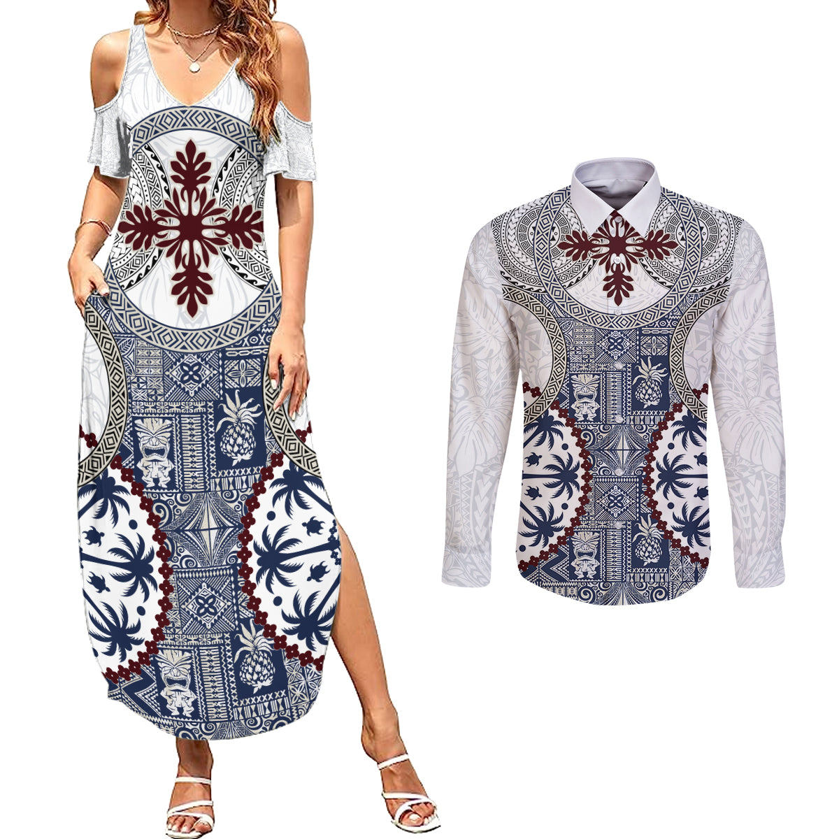 Hawaii Couples Matching Summer Maxi Dress and Long Sleeve Button Shirt Barkcloth Pattern Vintage Style LT05 Blue - Polynesian Pride