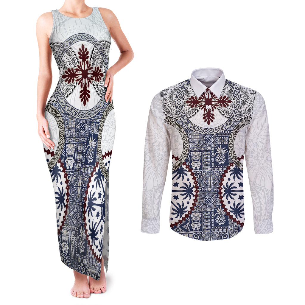 Hawaii Couples Matching Tank Maxi Dress and Long Sleeve Button Shirt Barkcloth Pattern Vintage Style LT05 Blue - Polynesian Pride