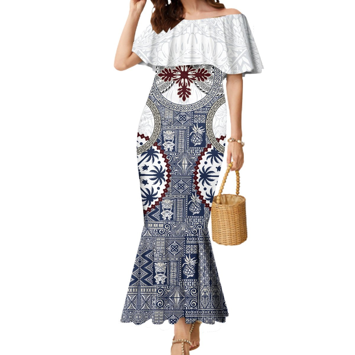 Hawaii Mermaid Dress Barkcloth Pattern Vintage Style LT05 Women Blue - Polynesian Pride