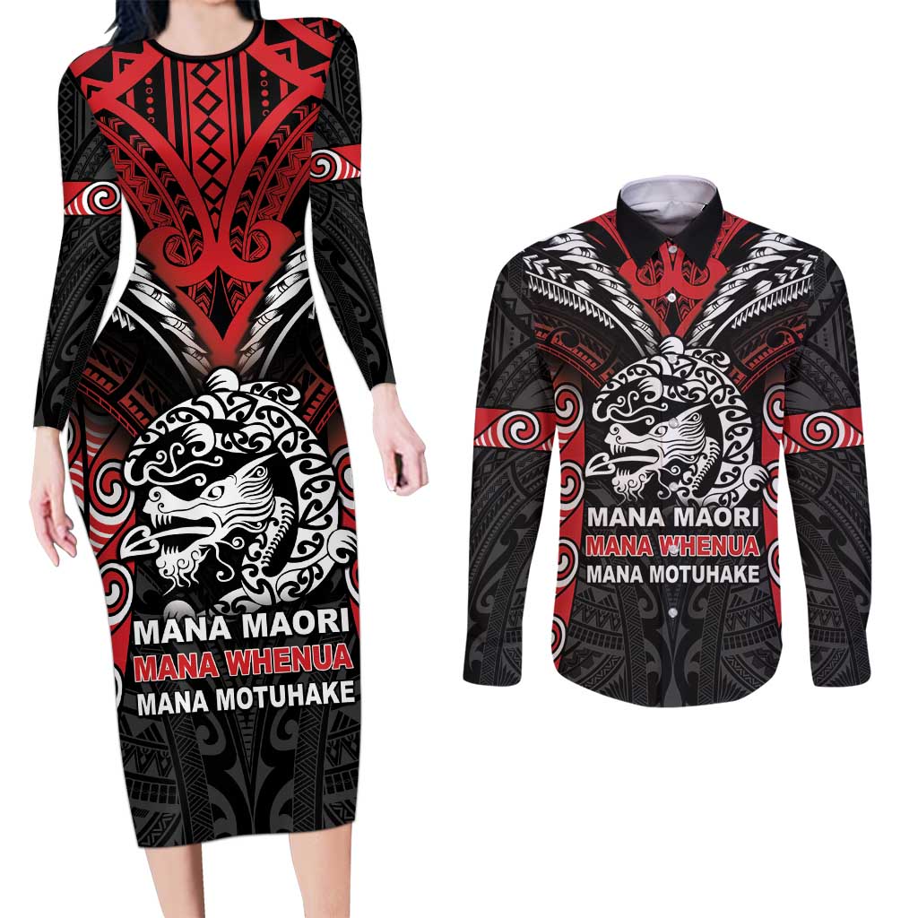 Aotearoa Mana Maori Couples Matching Long Sleeve Bodycon Dress and Long Sleeve Button Shirt Toitu Te Tiriti LT05 Black - Polynesian Pride