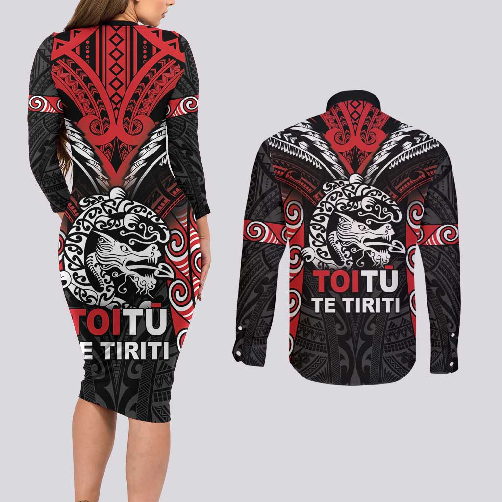 Aotearoa Mana Maori Couples Matching Long Sleeve Bodycon Dress and Long Sleeve Button Shirt Toitu Te Tiriti LT05 - Polynesian Pride