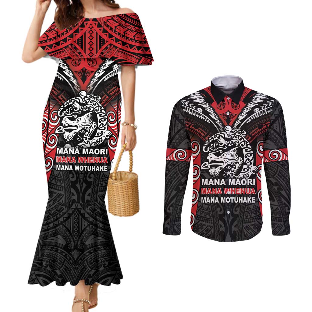 Aotearoa Mana Maori Couples Matching Mermaid Dress and Long Sleeve Button Shirt Toitu Te Tiriti LT05 Black - Polynesian Pride