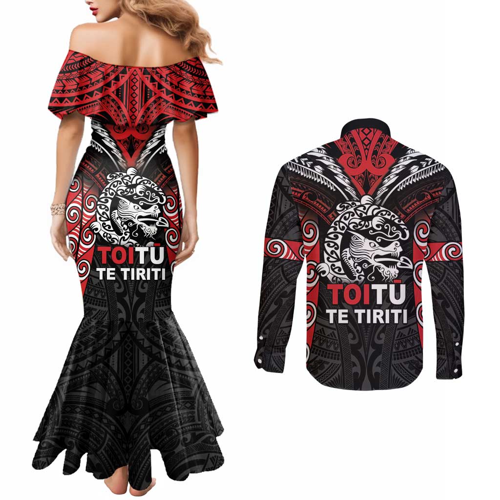 Aotearoa Mana Maori Couples Matching Mermaid Dress and Long Sleeve Button Shirt Toitu Te Tiriti LT05 - Polynesian Pride