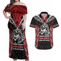 Aotearoa Mana Maori Couples Matching Off Shoulder Maxi Dress and Hawaiian Shirt Toitu Te Tiriti LT05 Black - Polynesian Pride