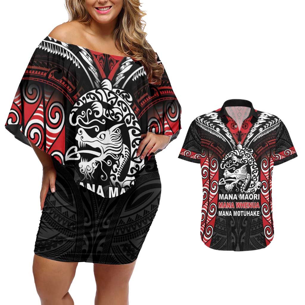 Aotearoa Mana Maori Couples Matching Off Shoulder Short Dress and Hawaiian Shirt Toitu Te Tiriti LT05 Black - Polynesian Pride