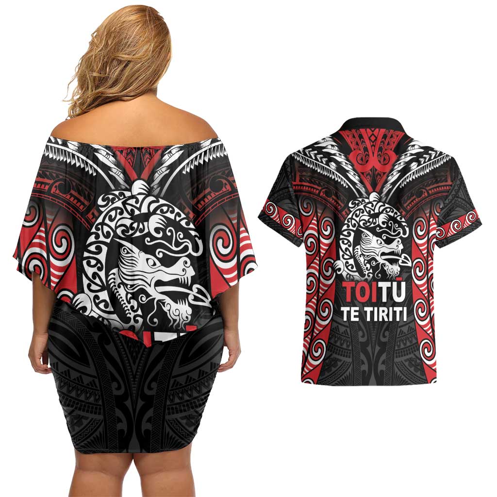 Aotearoa Mana Maori Couples Matching Off Shoulder Short Dress and Hawaiian Shirt Toitu Te Tiriti LT05 - Polynesian Pride