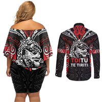 Aotearoa Mana Maori Couples Matching Off Shoulder Short Dress and Long Sleeve Button Shirt Toitu Te Tiriti LT05 - Polynesian Pride
