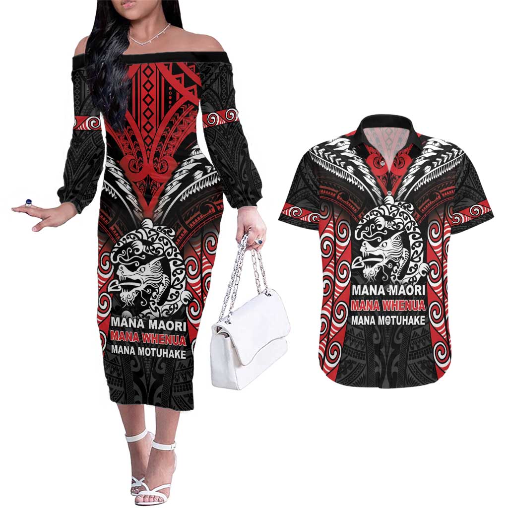 Aotearoa Mana Maori Couples Matching Off The Shoulder Long Sleeve Dress and Hawaiian Shirt Toitu Te Tiriti LT05 Black - Polynesian Pride