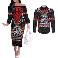 Aotearoa Mana Maori Couples Matching Off The Shoulder Long Sleeve Dress and Long Sleeve Button Shirt Toitu Te Tiriti LT05 Black - Polynesian Pride