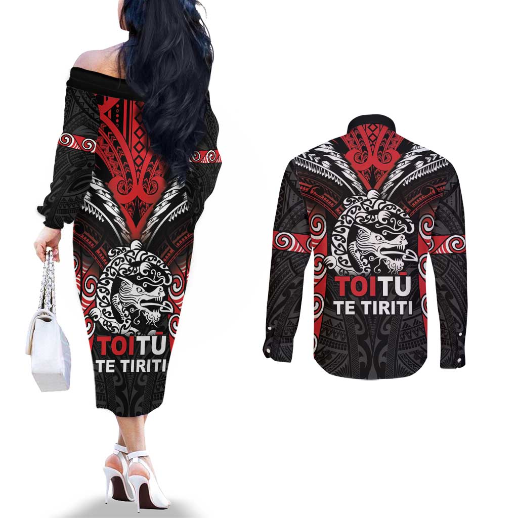 Aotearoa Mana Maori Couples Matching Off The Shoulder Long Sleeve Dress and Long Sleeve Button Shirt Toitu Te Tiriti LT05 - Polynesian Pride