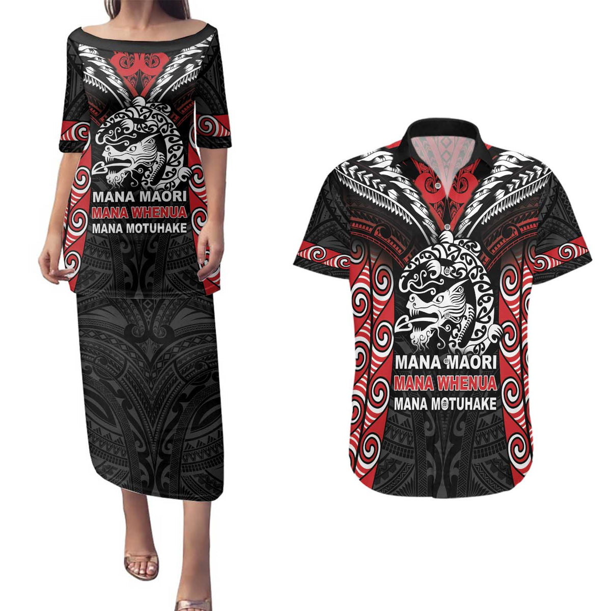 Aotearoa Mana Maori Couples Matching Puletasi and Hawaiian Shirt Toitu Te Tiriti LT05 Black - Polynesian Pride
