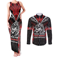 Aotearoa Mana Maori Couples Matching Tank Maxi Dress and Long Sleeve Button Shirt Toitu Te Tiriti LT05 Black - Polynesian Pride