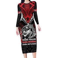 Aotearoa Mana Maori Family Matching Long Sleeve Bodycon Dress and Hawaiian Shirt Toitu Te Tiriti LT05 Mom's Dress Black - Polynesian Pride
