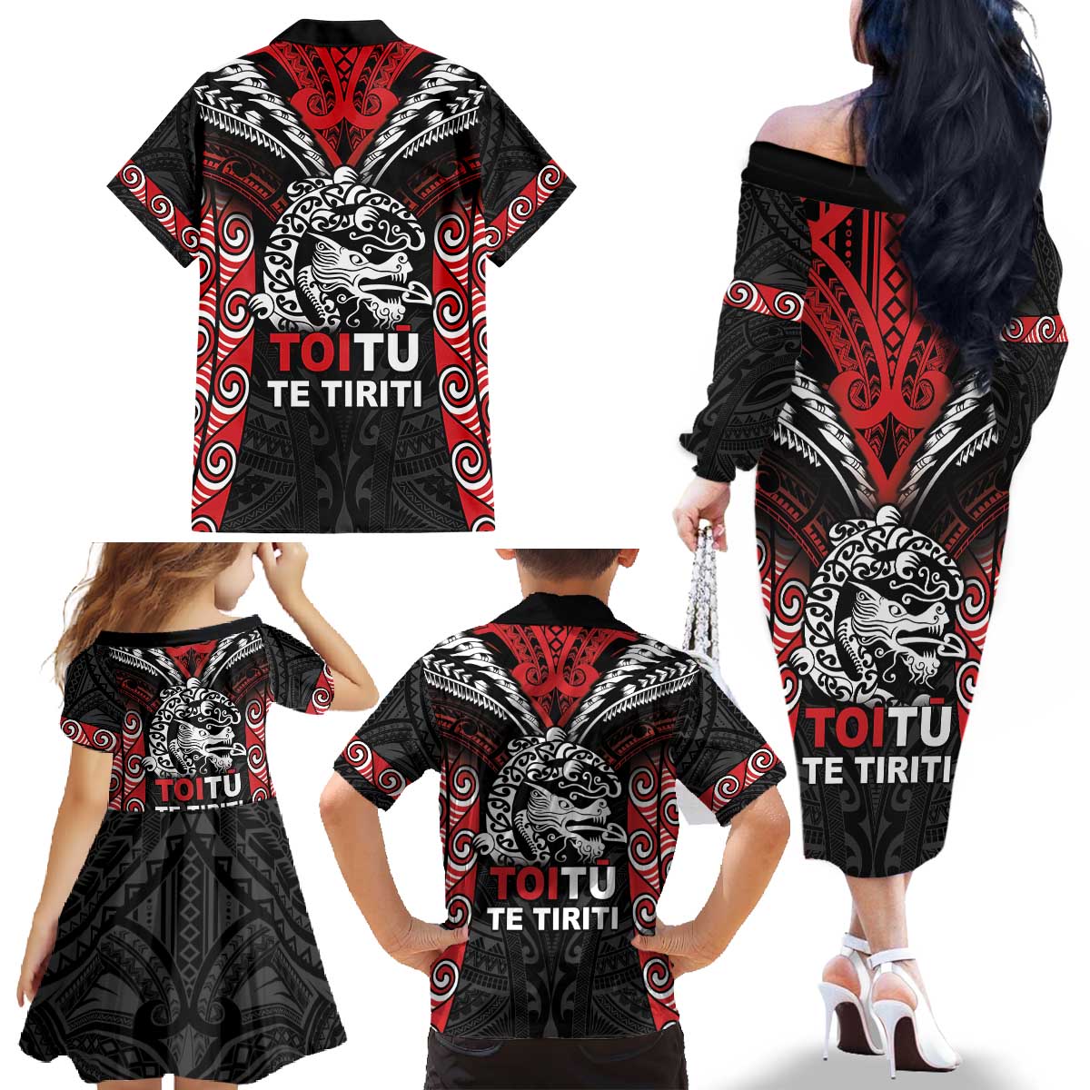 Aotearoa Mana Maori Family Matching Off The Shoulder Long Sleeve Dress and Hawaiian Shirt Toitu Te Tiriti LT05 - Polynesian Pride