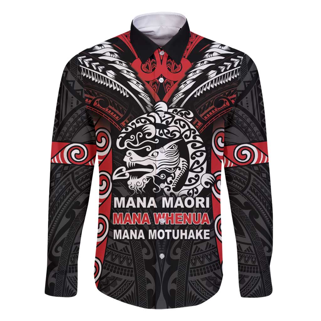 Aotearoa Mana Maori Family Matching Off Shoulder Maxi Dress and Hawaiian Shirt Toitu Te Tiriti LT05 Dad's Shirt - Long Sleeve Black - Polynesian Pride