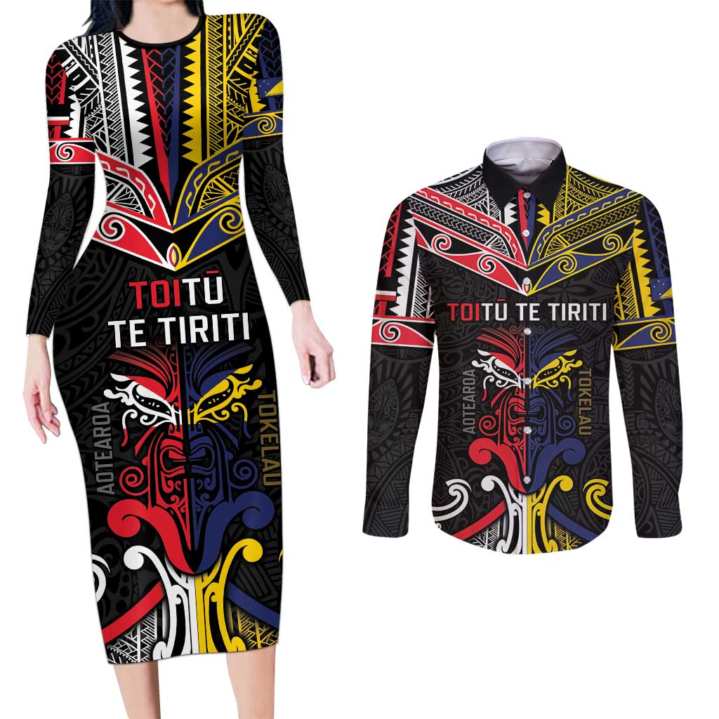 Tokelau And Aotearoa Couples Matching Long Sleeve Bodycon Dress and Long Sleeve Button Shirt Together For Te Tiriti O Waitangi LT05 Black - Polynesian Pride