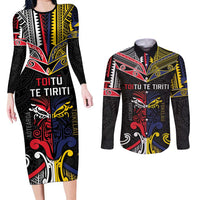 Tokelau And Aotearoa Couples Matching Long Sleeve Bodycon Dress and Long Sleeve Button Shirt Together For Te Tiriti O Waitangi LT05 Black - Polynesian Pride