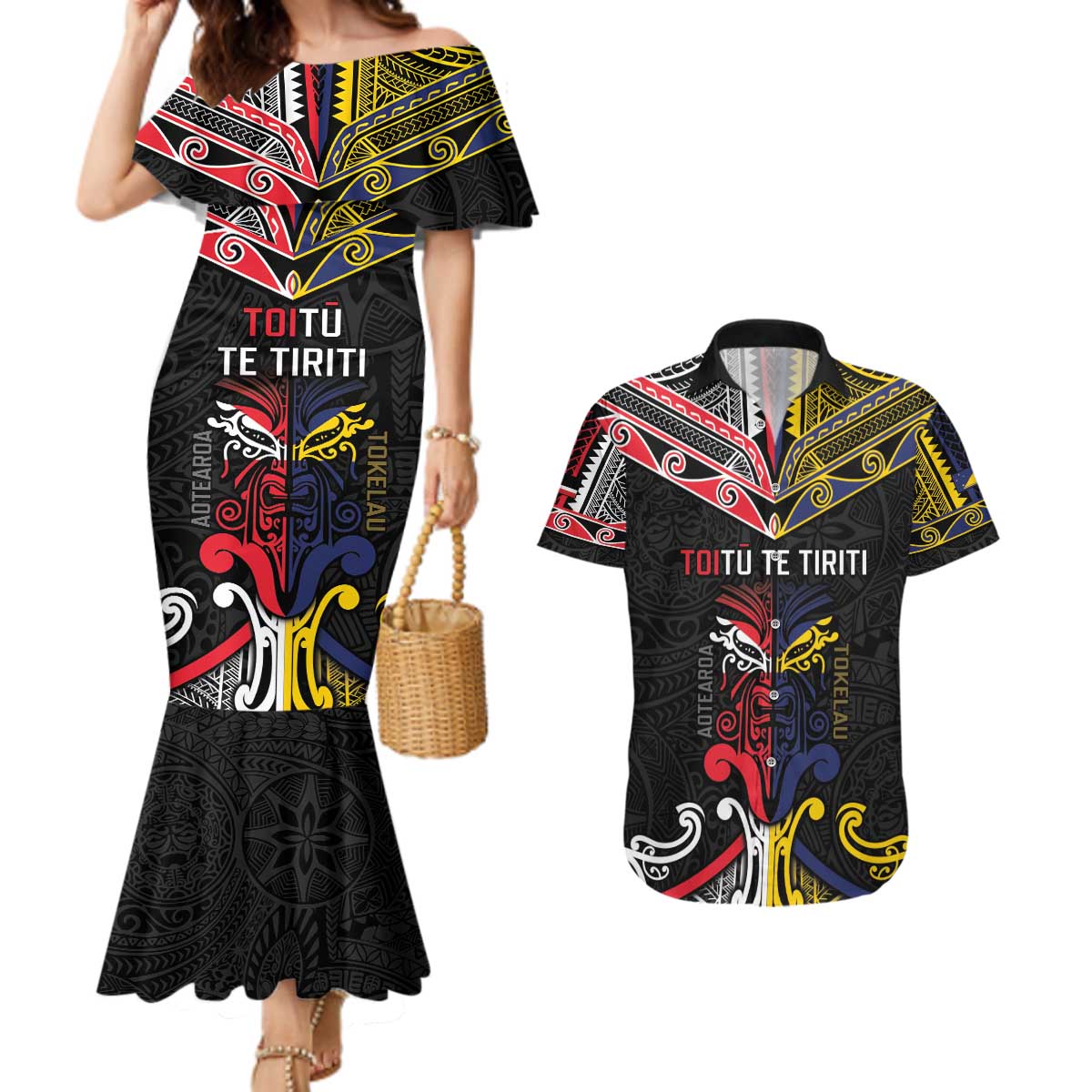 Tokelau And Aotearoa Couples Matching Mermaid Dress and Hawaiian Shirt Together For Te Tiriti O Waitangi LT05 Black - Polynesian Pride