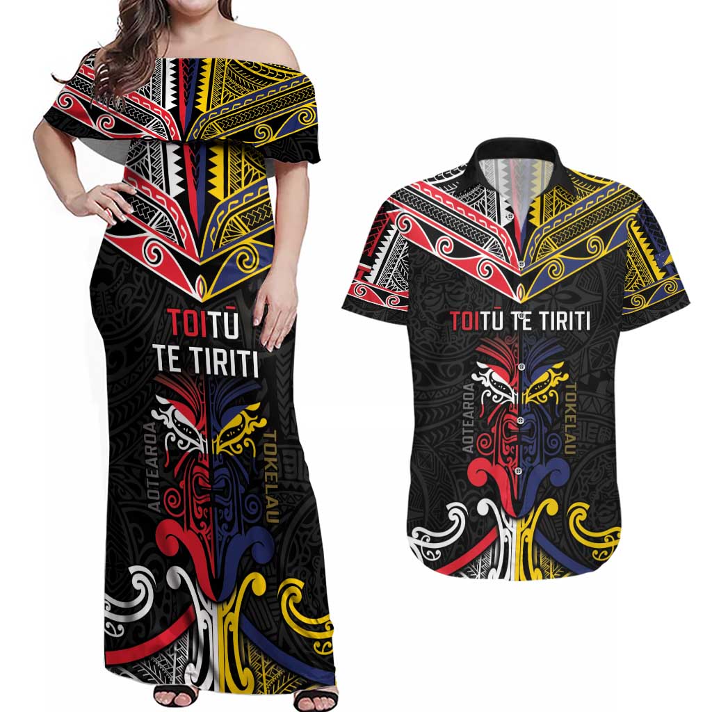 Tokelau And Aotearoa Couples Matching Off Shoulder Maxi Dress and Hawaiian Shirt Together For Te Tiriti O Waitangi LT05 Black - Polynesian Pride