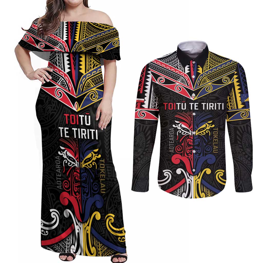 Tokelau And Aotearoa Couples Matching Off Shoulder Maxi Dress and Long Sleeve Button Shirt Together For Te Tiriti O Waitangi LT05 Black - Polynesian Pride