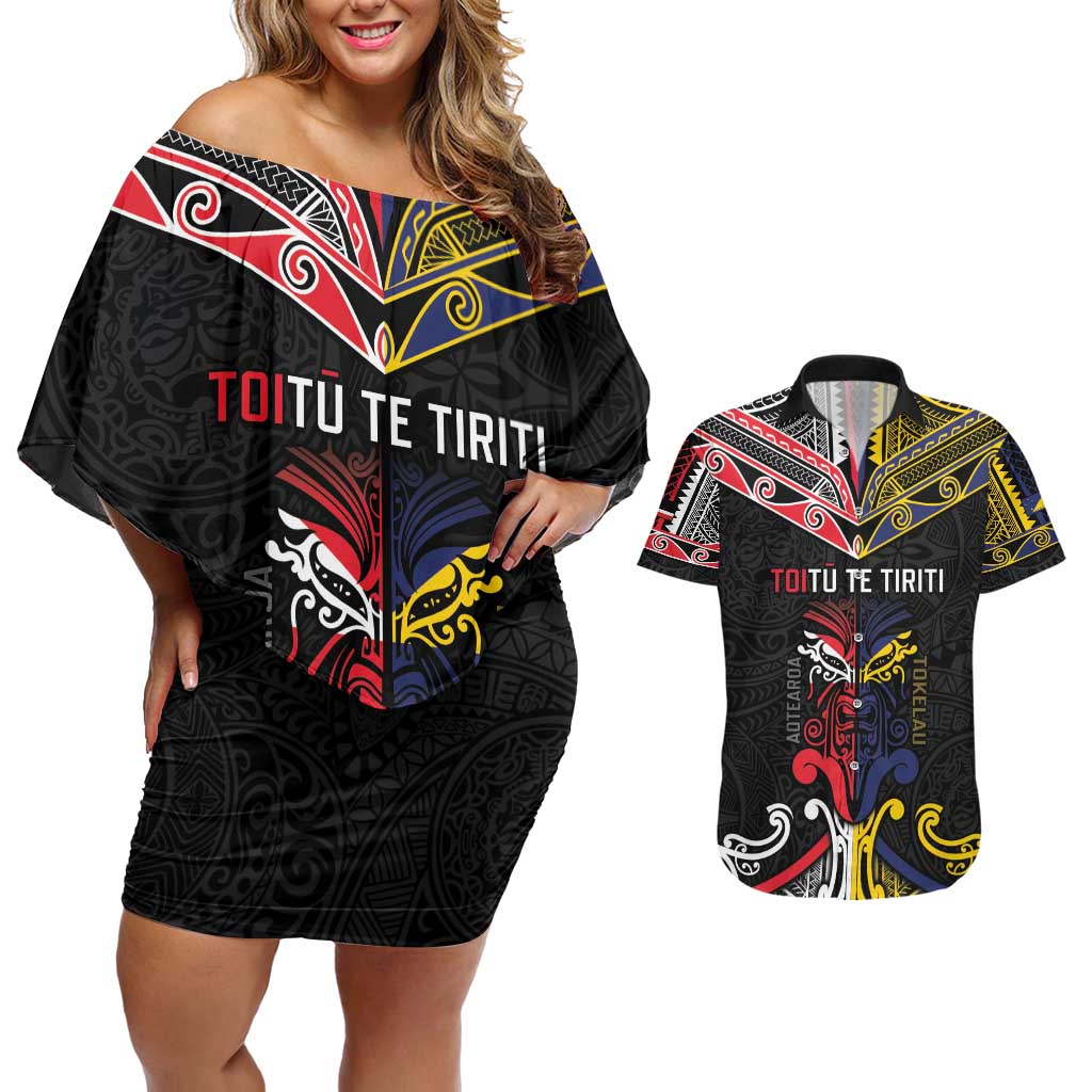 Tokelau And Aotearoa Couples Matching Off Shoulder Short Dress and Hawaiian Shirt Together For Te Tiriti O Waitangi LT05 Black - Polynesian Pride