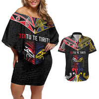 Tokelau And Aotearoa Couples Matching Off Shoulder Short Dress and Hawaiian Shirt Together For Te Tiriti O Waitangi LT05 Black - Polynesian Pride